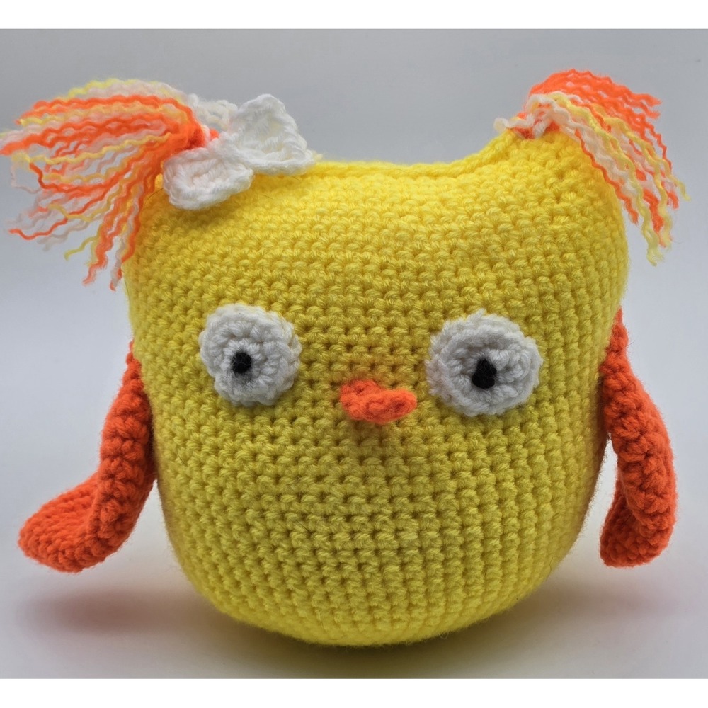 Crochet Handmade Owl Toy Yellow Orange Amigurumi Soft Yarn Decor Plush 9" Tall
